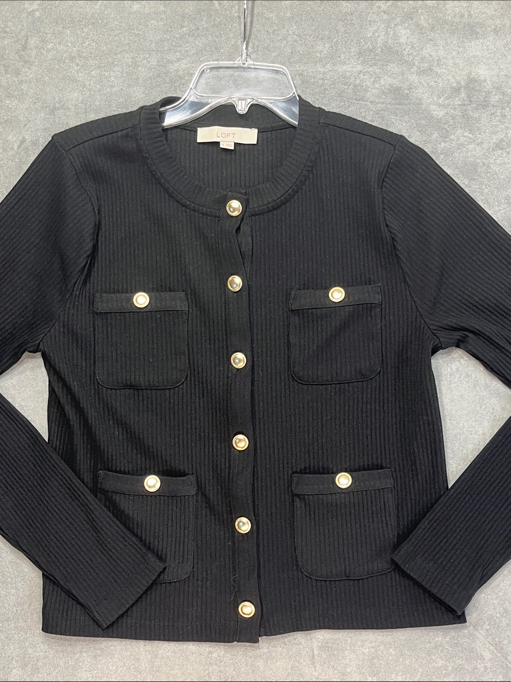 LOFT Ribbed Knit Cardigan Black Gold Button Pocket Sweater XL